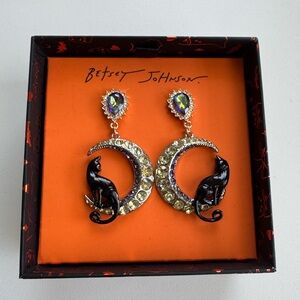 Betsey Johnson Black Cat on  Crescent Moon Drop Earrings